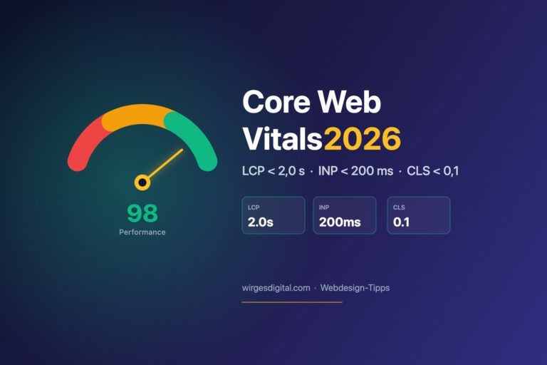 Core Web Vitals verbessern 2026 – Performance-Tachometer mit LCP 2,0 s, INP 200 ms und CLS 0,1