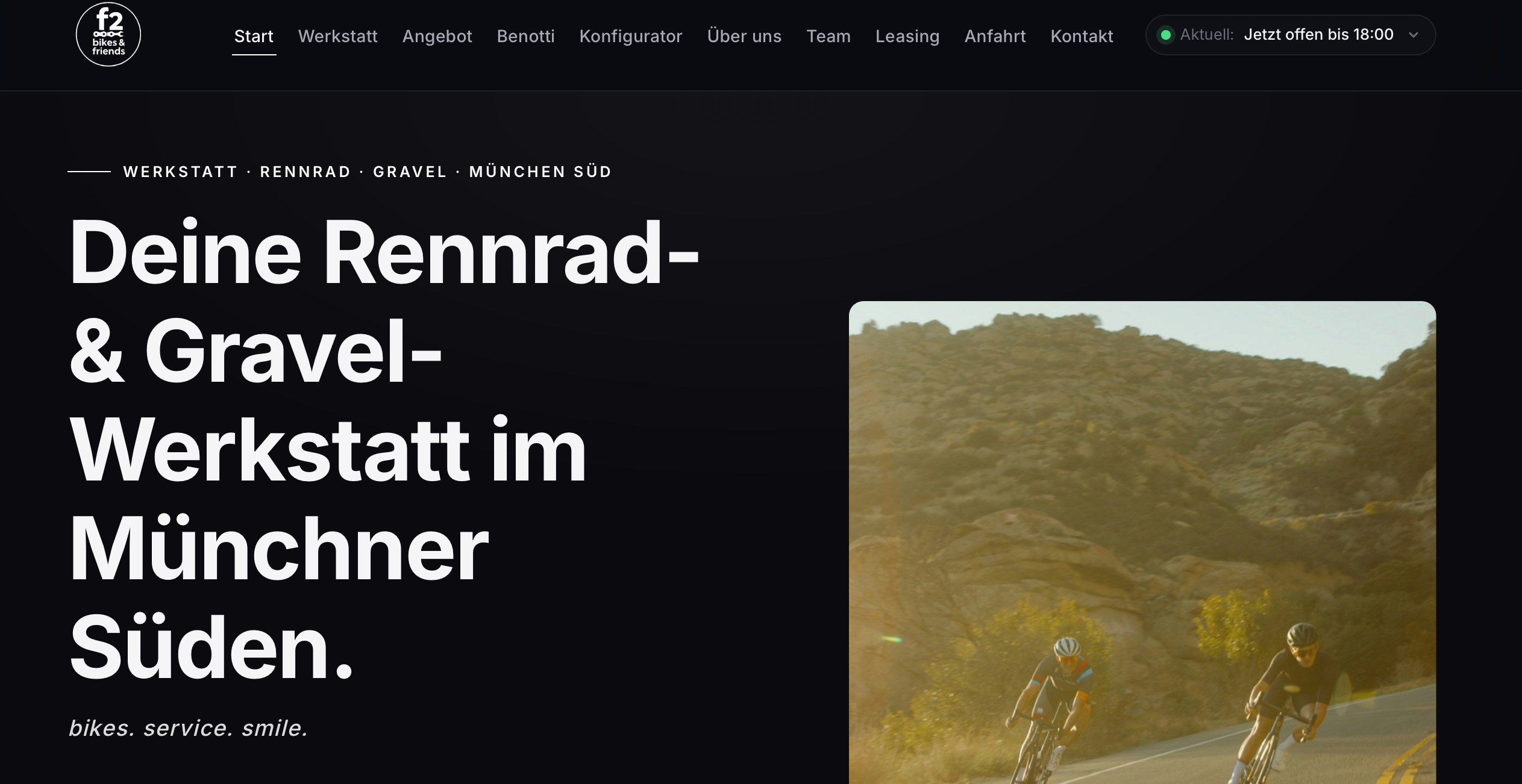Webdesign-Referenz: neue Website von f2 bikes and friends – Startseite der Rennrad- und Gravel-Werkstatt im Münchner Süden