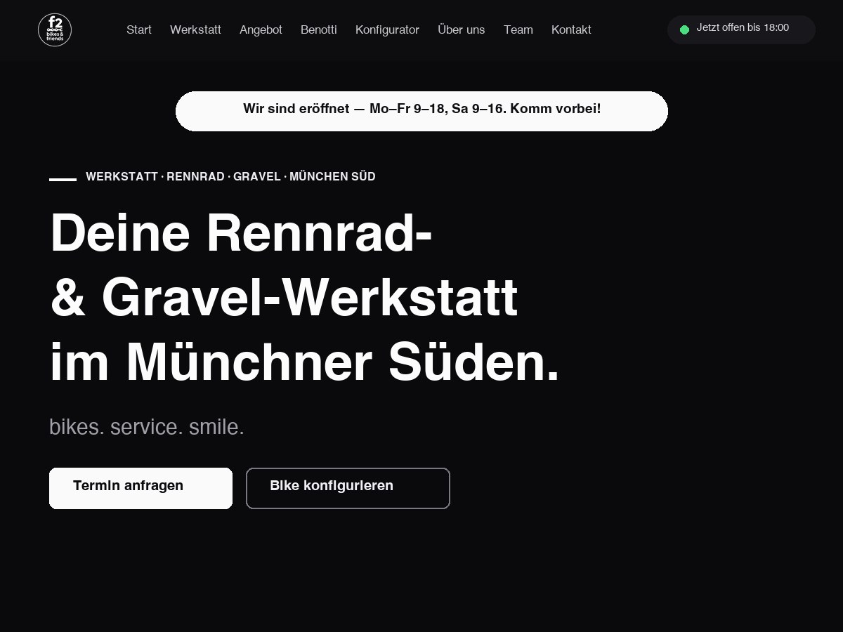 Referenz f2 bikes and friends: neue Website für Rennrad- und Gravel-Werkstatt mit Bike-Konfigurator