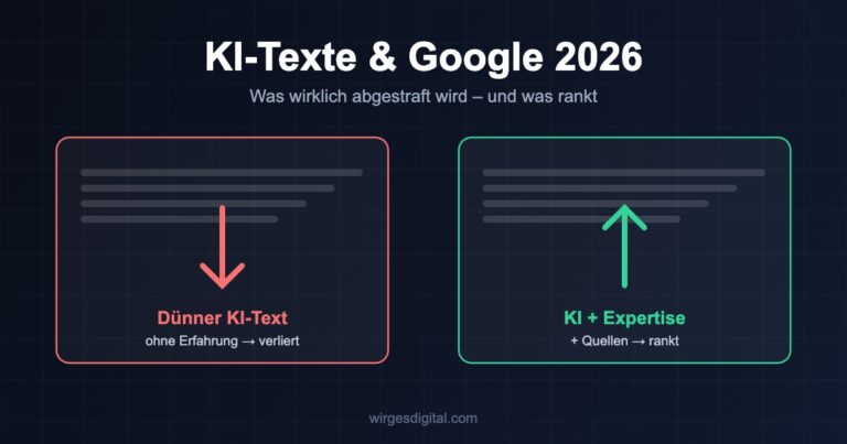 KI Texte SEO 2026: dünner KI-Text verliert Sichtbarkeit, KI mit Expertise und Quellen rankt