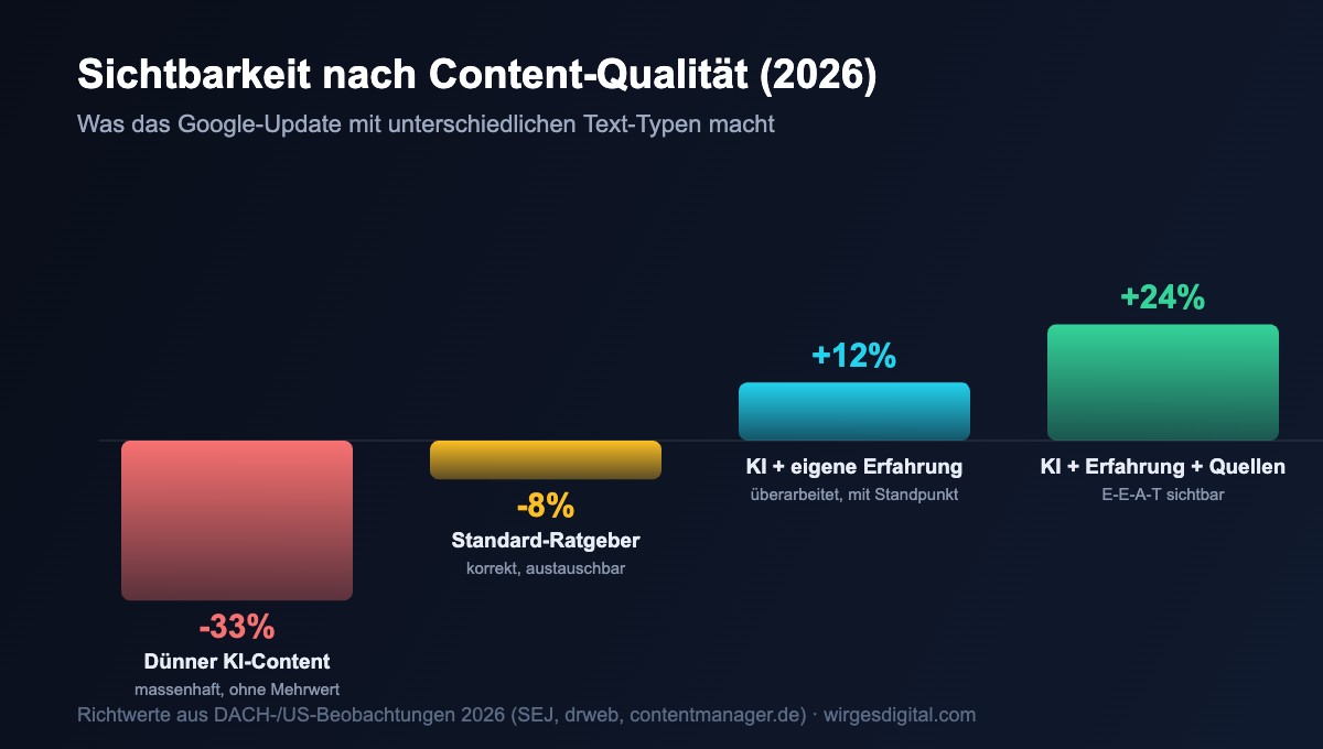 KI Texte SEO: Sichtbarkeitsänderung nach Content-Qualität 2026 – dünner KI-Content minus 33 Prozent, KI plus Erfahrung im Plus