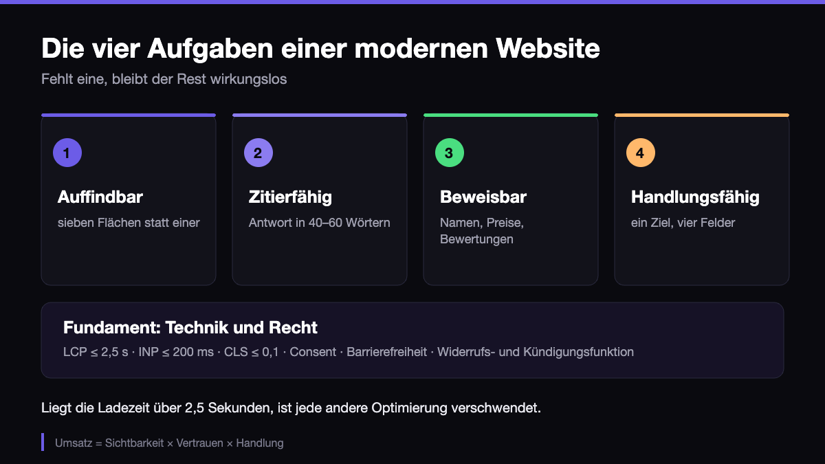 Die vier Aufgaben einer modernen Website 2026: auffindbar, zitierfähig, beweisbar und handlungsfähig auf einem Fundament aus Technik und Recht