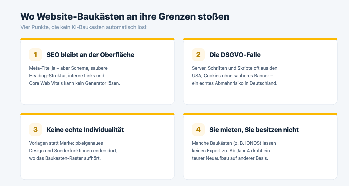 Vier Grenzen von Website-Baukästen 2026: SEO, DSGVO, Individualität und Lock-in